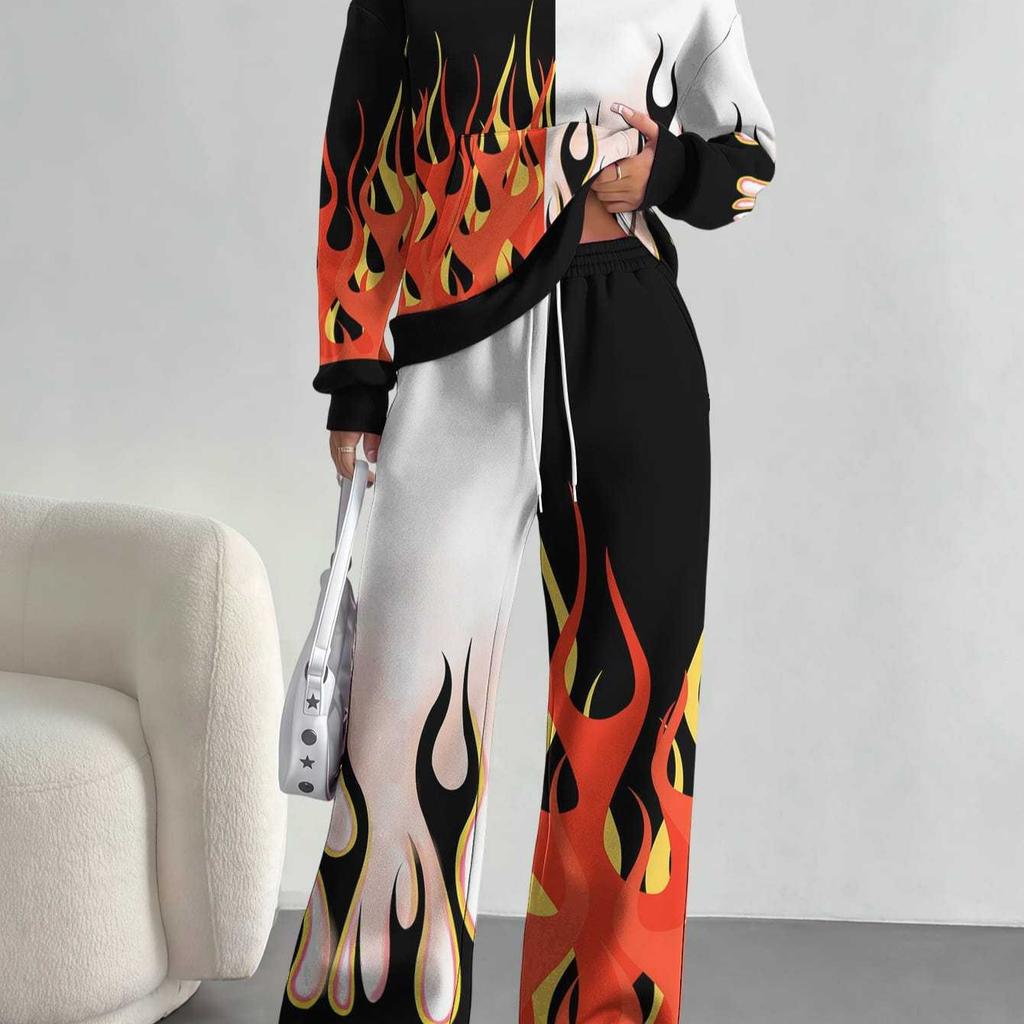 Flame splicing European and American autumn and winter casual long-sleeved suit women's hooded sweater trousers two-piece set
