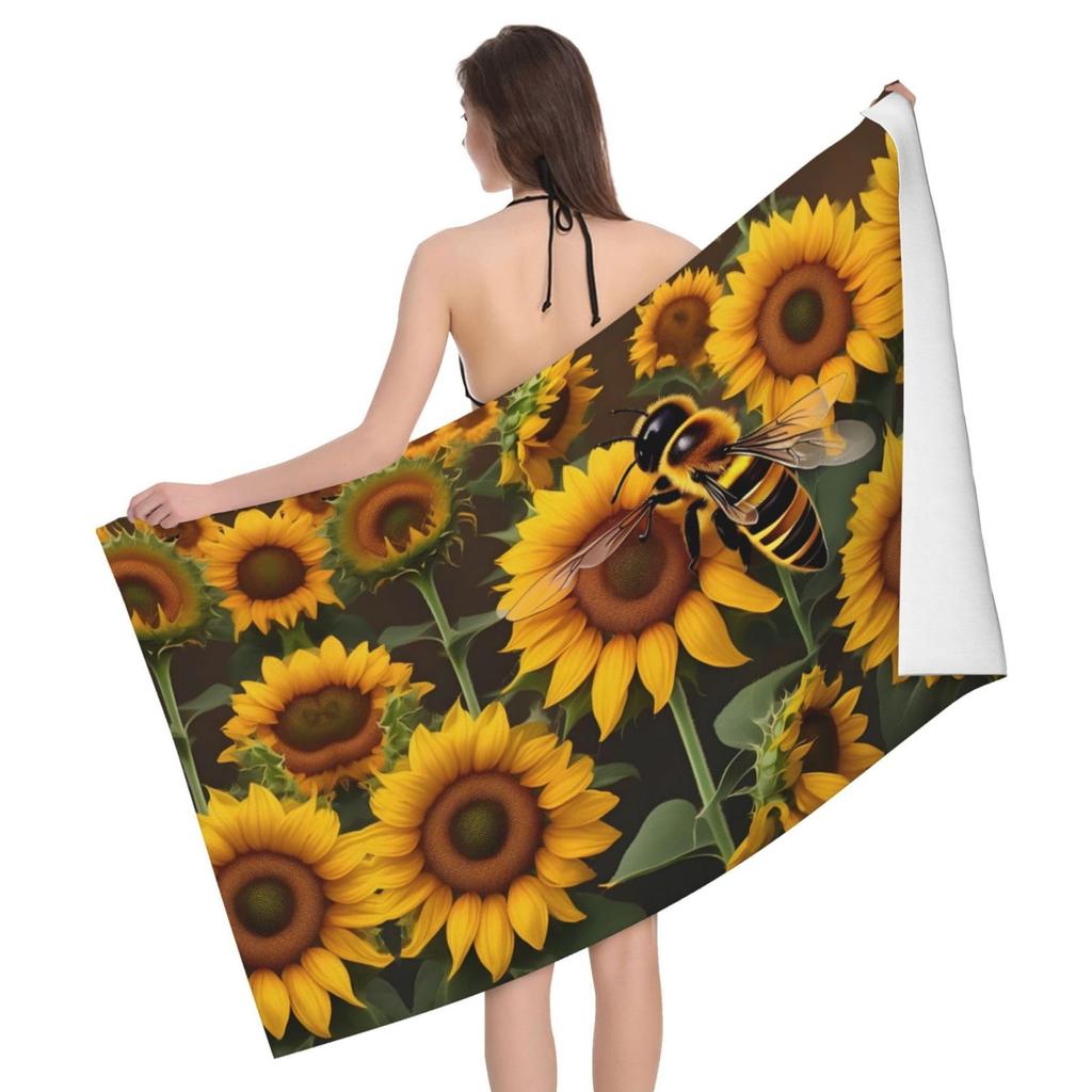 Sunflower Bees Print Beach Towel Quick Dry Absorbent Bath Towel Super Soft for Pool,Beach,Bath,Gym,Travel,Spa,Sport, Yoga Mat