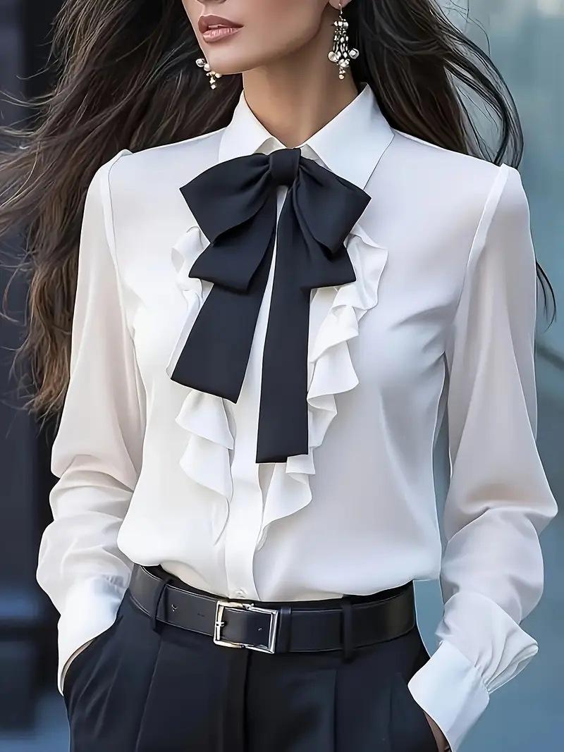 Fall Solid Color Lace Up Ruffle Blouse Women S