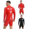 Men Wet Look Patent Leather Slim Fit Jumpsuits Long Sleeve Zipper Crotch Leotard Bodysuit Catsuit Clubwear