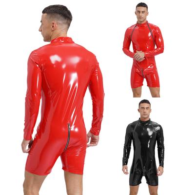Mens Wet Look Patent Leather Jumpsuit Mock Neck Long Sleeve Zipper Crotch Design Bodysuit Club Dance Performance Costume