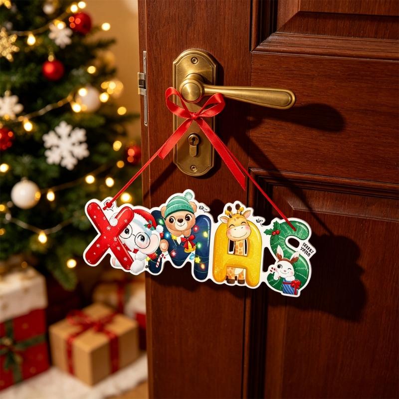 6 Set of Assorted Paper Christmas Door Hanging Decorations with Hanging Ribbons and Santa, Truck, Holiday Characters, and Sign Motifs
