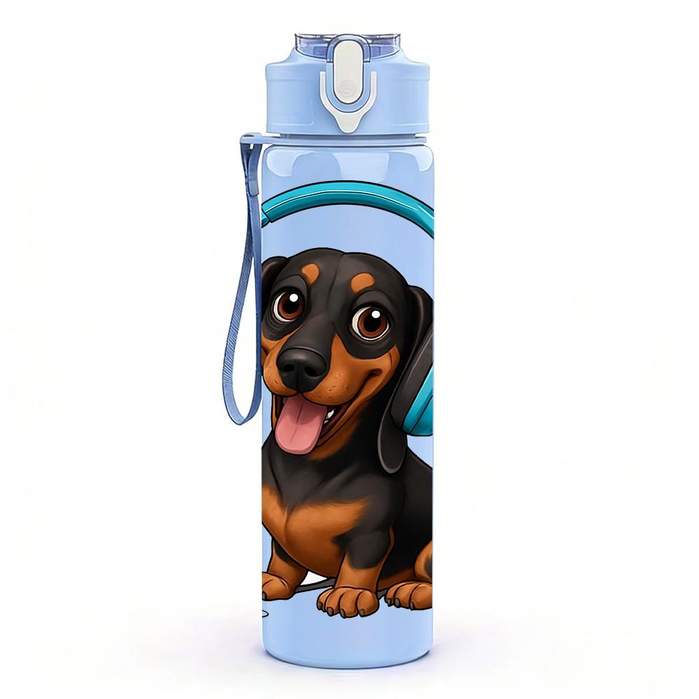 1PC Dachshund Dog Wearing Headphone Print 750ml Color Plastic Sports Water Bottle Leakproof Flip Straw Lid Suitable for Sports Office Home Use