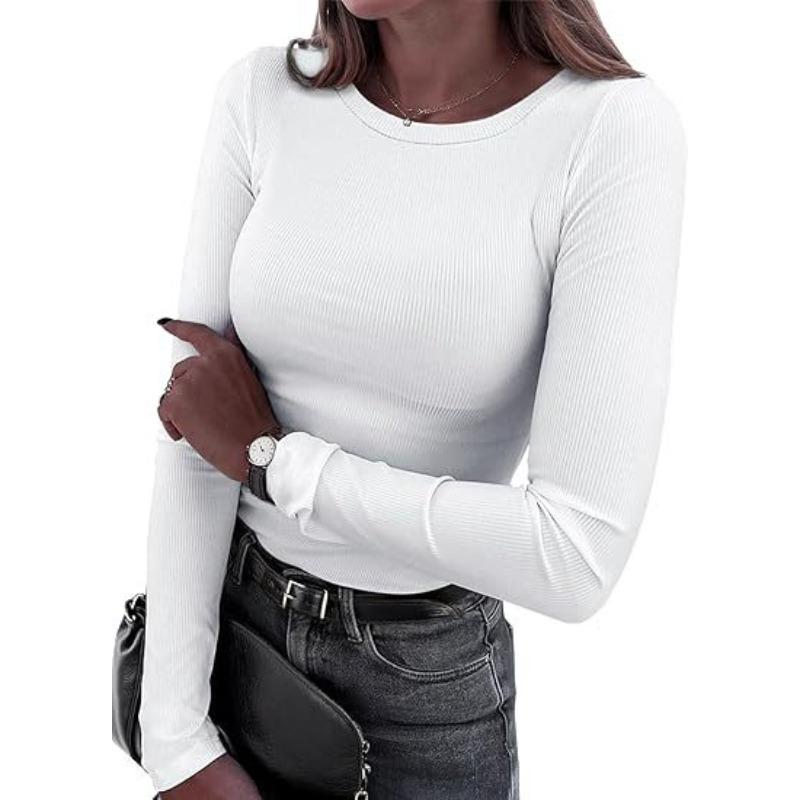 New women's long-sleeve stretch round-neck ribbed shirt, slim-fit casual basic top