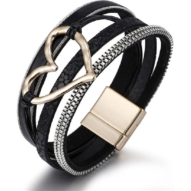 Multilayer Bohemian PU Leather Love Heart Wrap Bracelet Bangle Crystal Rhinestone Beaded Leopard Print Wristband Bracelet for Women Men Boho Cuff A black