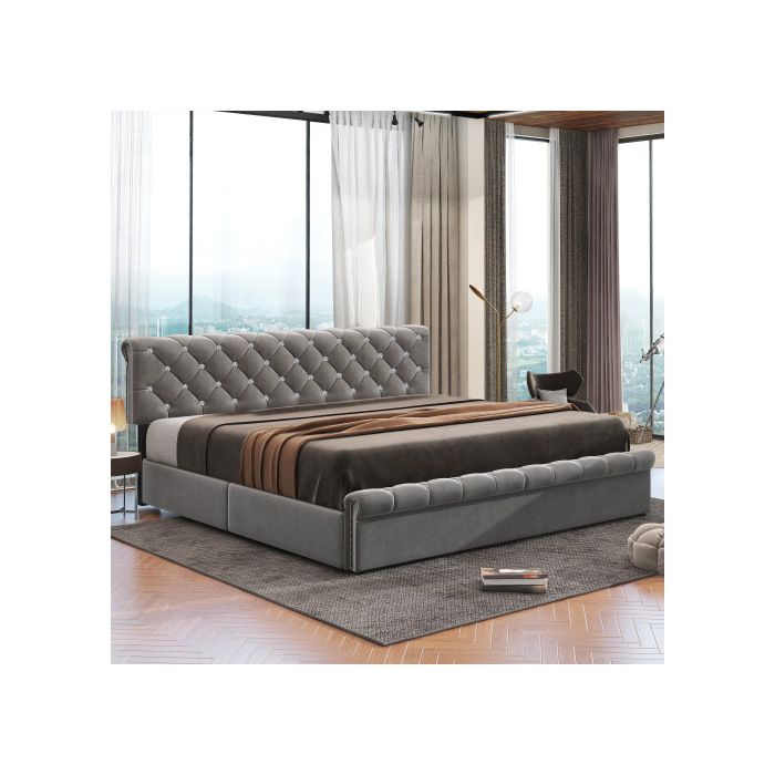 Lit Capitonné - MUVOE - 180x200 Cm - Velours Gris - Tête De Lit Réglable - 2 Places