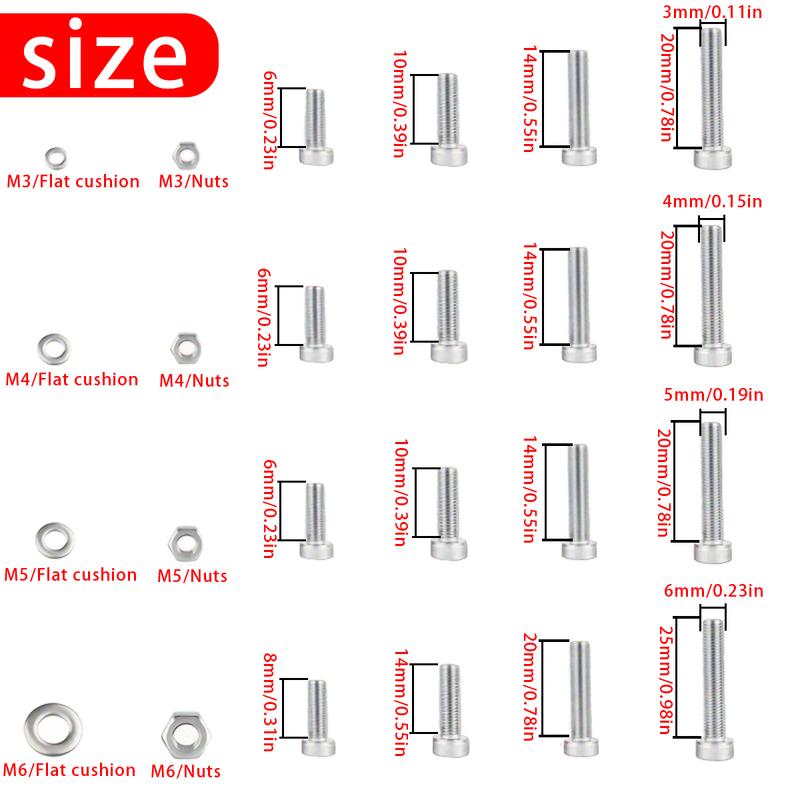 460pcs - M3 M4 M5 M6 Socket Head Cap Screws, Stainless Steel Socket Head Cap Screws, Nuts and Washers Set, for Home DIY Repairs.