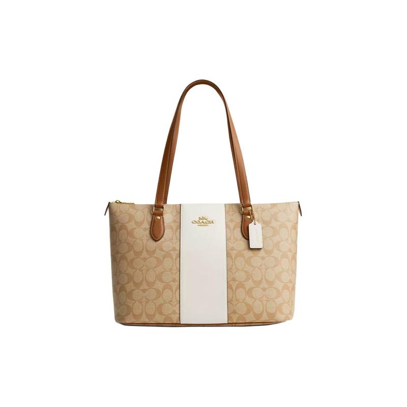

COACH Gallery 37 Striped Signature Coated Canvas Tote Bag Tote Bag Shopping Bag Shoulder Bag Large Women s Light Khaki коричневий