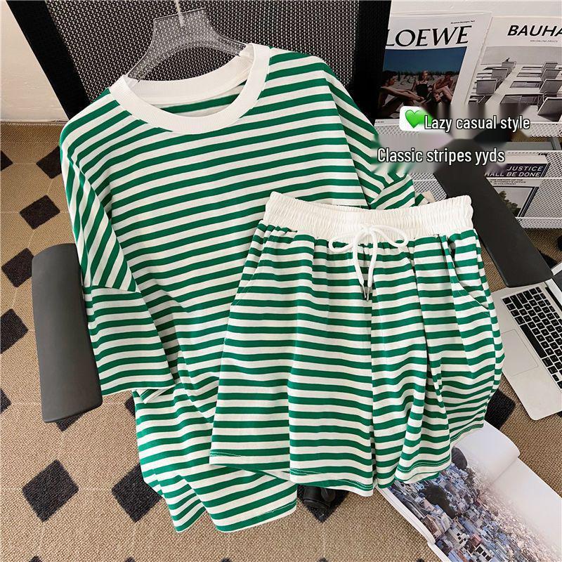 Green Striped Plus Size Women's Summer Two-Piece Set: Short Sleeve T-shirt & Shorts