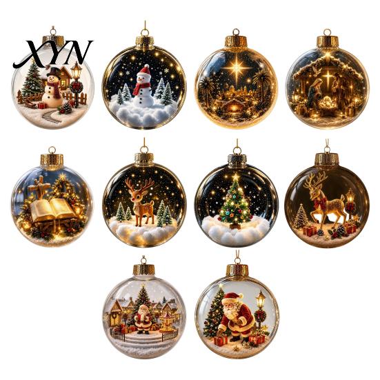 Glass Style Acrylic Sphere Baubles Christmas Glowing Decorative Ball, Lighted Ornament with Festive Scene, LED Holiday Light Balls Tree Hanging Decor