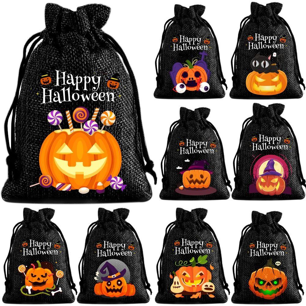 12Pcs Handheld Halloween Linen Drawstring Bags Pumpkin Ghost Pumpkin Sugar Pocket  Snacks