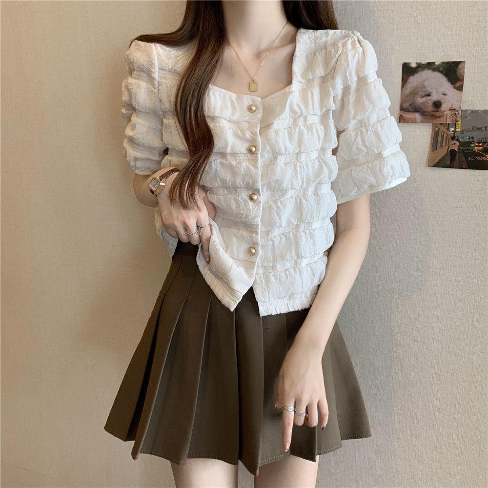 

Plus Size French Square Neck Puff Sleeve Plaid Top for Women – Slimming, Stylish & Versatile Summer T-Shirt Medium абрикосовый