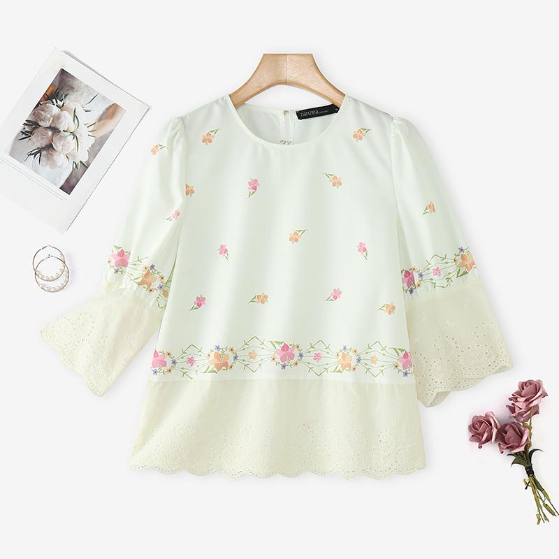 ZANZEA Women Round Neck 3/4 Sleeve Casual Floral Print Blouse