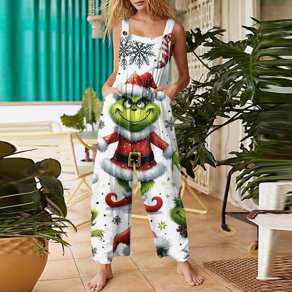 Women's Fashion Christmas  Print Casual Retro Sleeveless Button Jumpsuit
