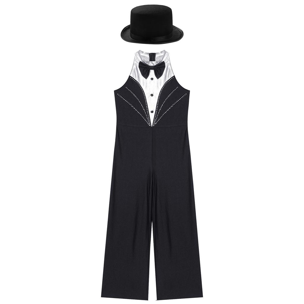 Girls Sparkle Rhinestone Sleeveless Jumpsuit Color Block Bow Decorated Bodysuit Jazz Dance Outfit Felt Top Hat