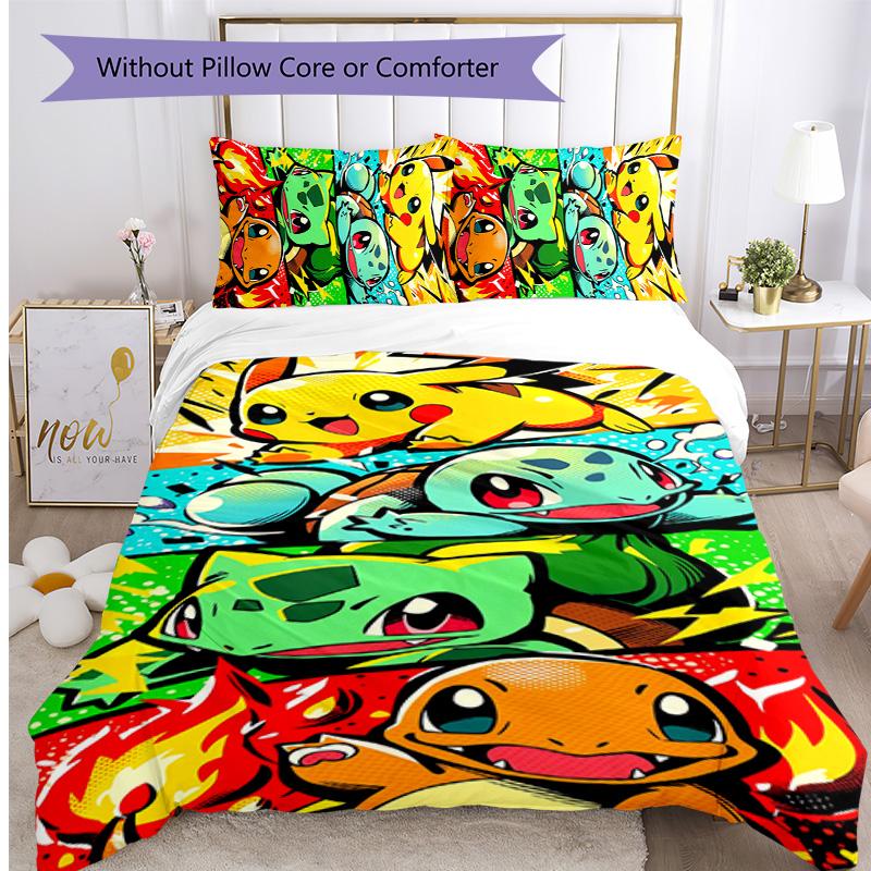 Pokémon Pattern Printed 3PCS Bedding Set, Soft Skin-Friendly Washable Duvet Cover & Pillowcases Set