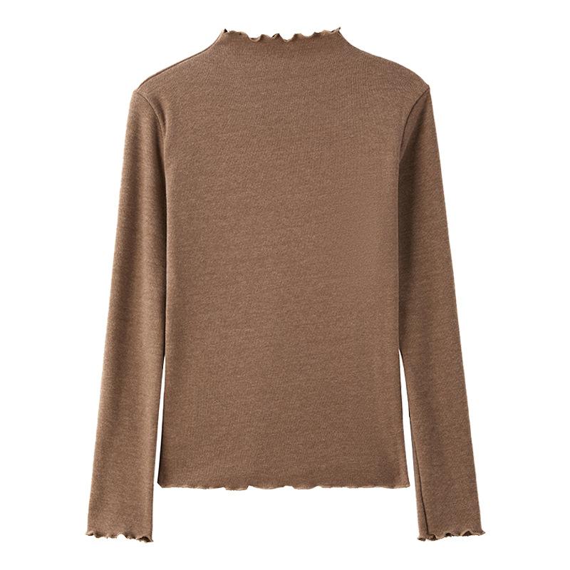 Autumn Winter Half High Collar Ruffles Solid T-shirt Women Long Sleeve Simple All-match Bottomed Tee Top Pullovers