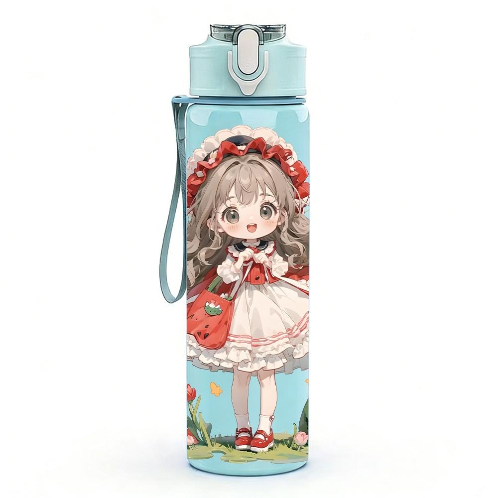 1PC Red White Dress Girl Rose Flower Pattern 750ml Color Plastic Sports Water Bottle Leakproof Flip Straw Lid Suitable for Sports Office Home Use