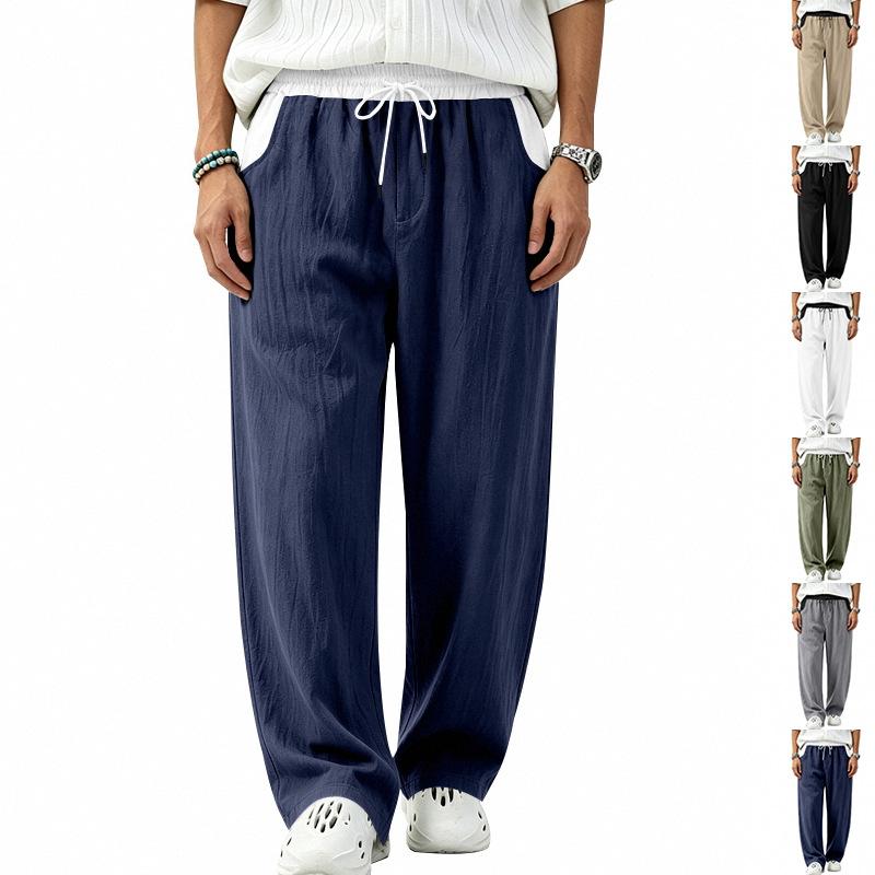 Men’s All-Season Lightweight Linen Trousers with Colour-Blocked Elasticated Waistband, Loose-Fit Curved-Leg Casual Trousers