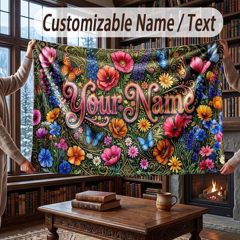 Floral Garden Theme Throw Blanket Custom Name Text Personalized Blanket Soft Cozy Blanket for Home Sofa Bed