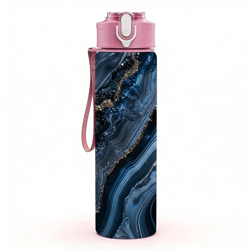 1PC Dark Black Blue Gold Vein Agate Marble Art 750ml Color Plastic Sports Water Bottle Leakproof Flip Straw Lid Suitable for Sports Office Home Use