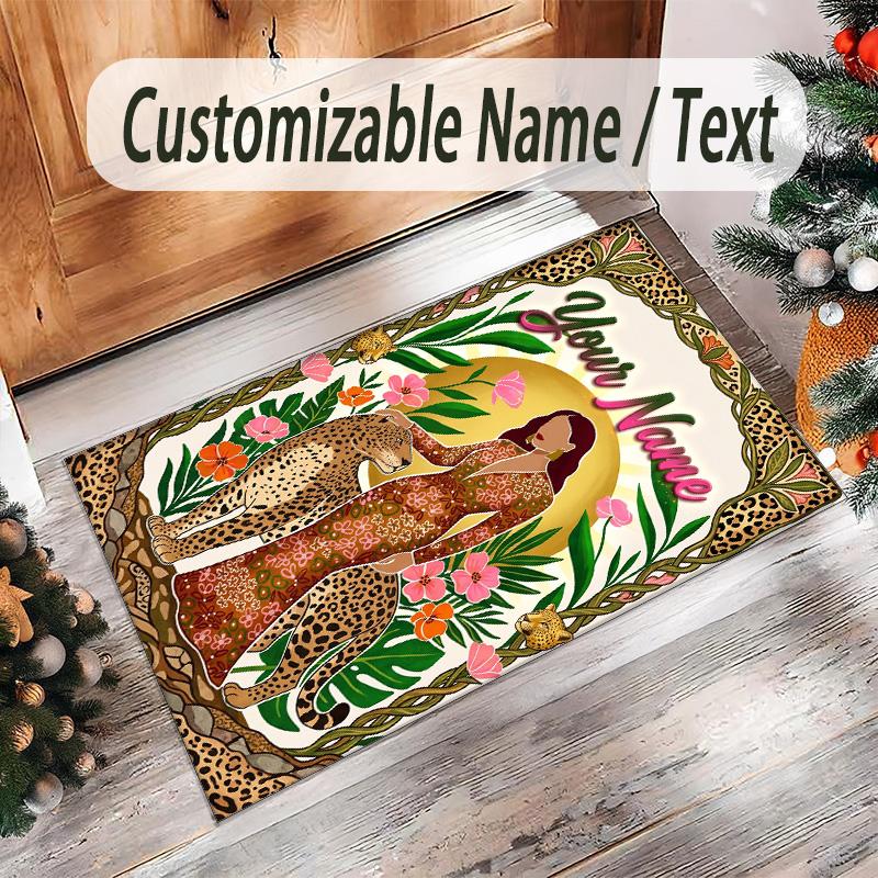 Leopard Theme Crystal Velvet Floor Rug Personalized Custom Name Text Warm Carpet Home Decoration