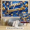 Arazzo di Compleanno Francese Blu Oro, "Joyeux Anniversaire" con Palloncini e Stelle per Photo Booth