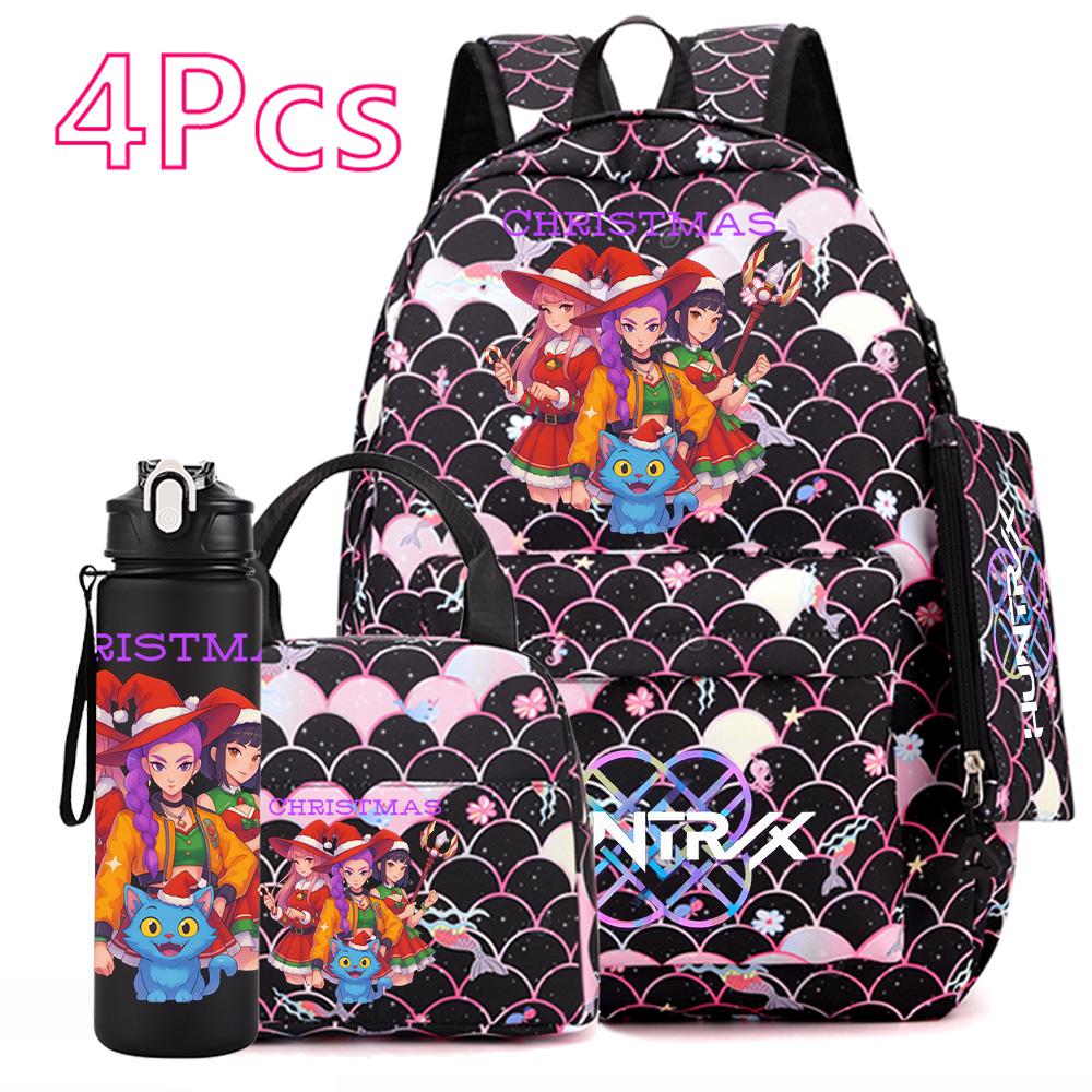 4Pcs/set Christmas Kpop Printed Backpack with Handbag Pencil Case 750Ml Water Bottler for Teenager Boy Girl Large Capacity Bookbag Schoolbag Kid Gift