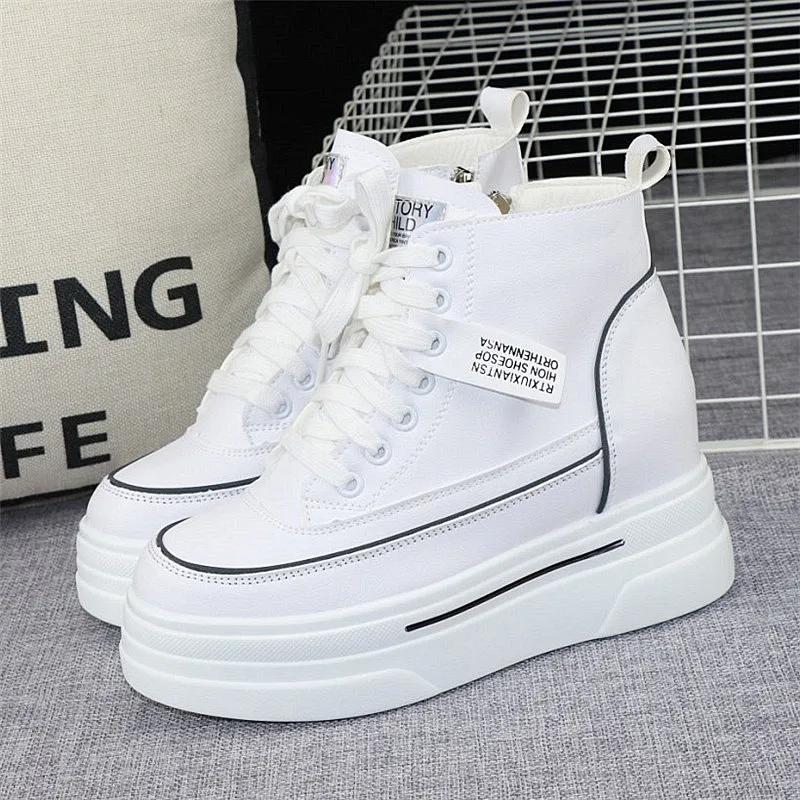 Leather Thick-soled High-top Women's Shoes 2025 Autumn Winter New Fashionable Zipper Height Increased 8cm Casual Sneakers Shoes