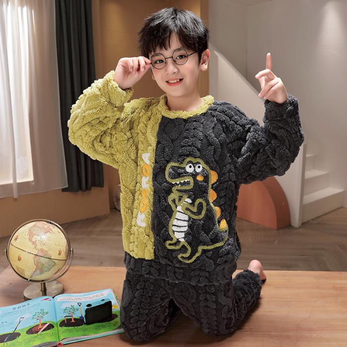 Kids' Cute Cartoon Jacquard Coral Fleece Pajamas – Warm Winter Home Wear for Boys