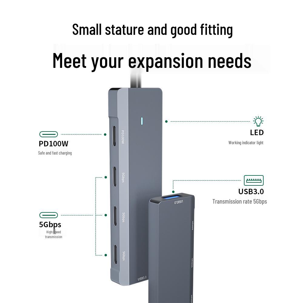 Type-C Five-in-One Hub: PD100W Fast Charging with USB3.0/Type-C Expansion.