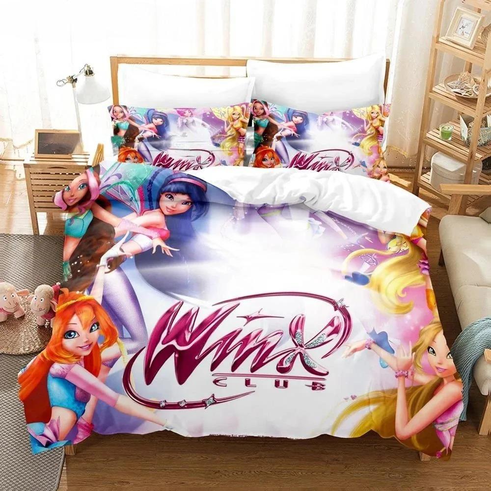 Anime W-Winx Club Bettbezug Kissenbezug Kindergeschenk Bettwäsche-Set für Erwachsene Jungen Mädchen Schlafzimmerdekoration Einzel Doppel Groß