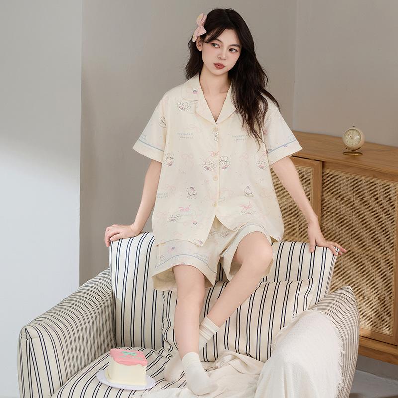 1A antibacterial pure cotton pajamas women's summer with chest pads, short sleeves, plus size 50kg girls' loungewear three-piece set