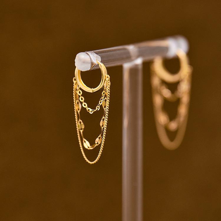 Kolczyki S925 posrebrzane 18K złotem z frędzlami z koralików i podwójnymi nausznicami łańcuszkowymi - Błyszczący design z temperamentem dla kobiet