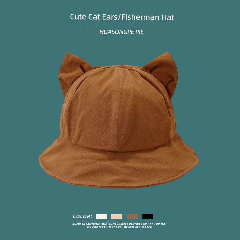 

Japanese Style Spring and Autumn Hat Female Cartoon Cat Cute Wild Bucket Hat Fashion Commuter Street Bucket Hat Sun-Proof Camel color Adjustable head circumference