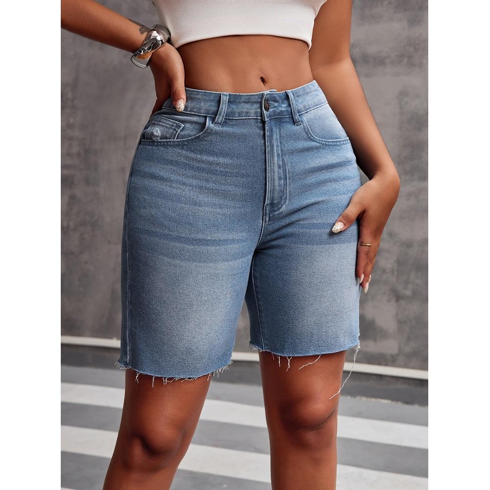 Women Summer Denim Shorts High Waist Solid Color Pockets Jean Short Pants
