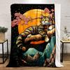 Relaxing Cat Under Cherry Blossom Moon Patterned Flannel Blanket Perfect for the Bedroom Living Room, Sofa, or a Little Nap