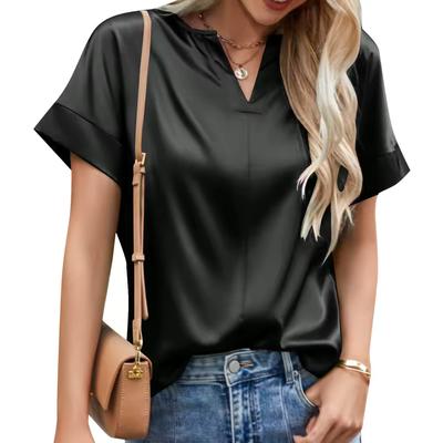 V-neck Satin Solid Color Short Sleeved Women's Blouses & Shirts