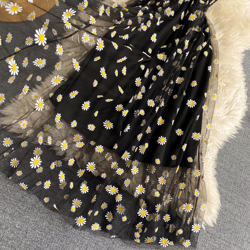 Women's Fashion Daisy Printed Mesh Dress Summer Double Elastic Waist Holiday Suspender Dress Beach Skirt