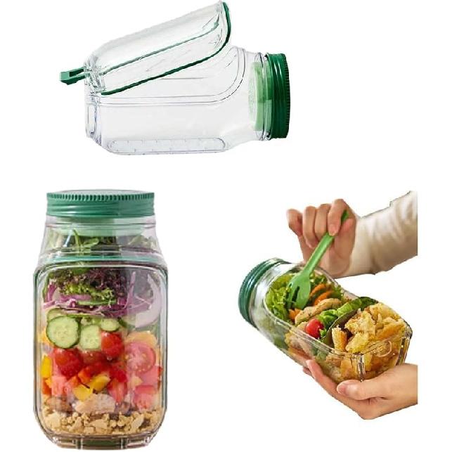 Salad Jar with Side Opening, Mason Jar Salad Container for Lunch with Dressing Compartment, Leak-Proof Portable Pod Jar, Microwave & Dishwasher Safe