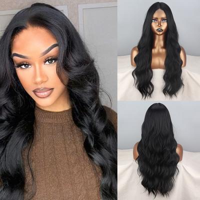 Women Fashion Long Wavy Lace Front Wig Without Bangs Synthetic Fiber Natural Water Wave Wig Daily Wear