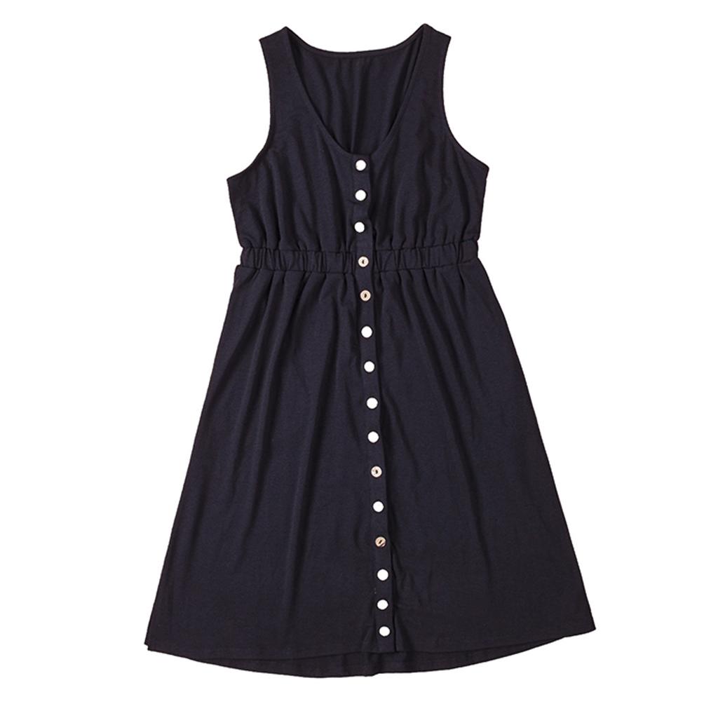 Women's Casual V Neck Sleeveless Button Down Dress Summer Elastic Waist A-Line Swing Tank Dresses