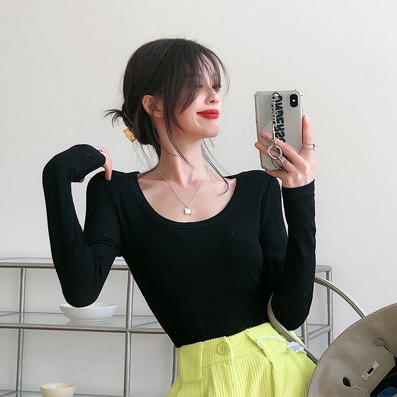 Černá základní košile Basic Nízký střih Dlouhý rukáv Přiléhavé Tričko s výstřihem do U Podzim/zima Dámský top