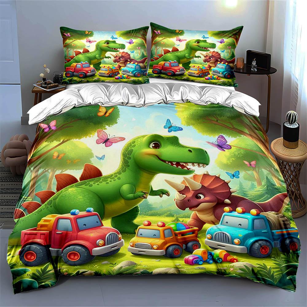 Dinosaurs and Toy Trucks Bedding Duvet Cover Set Duvet Cover Pillowcases Home Decor (1 * Duvet Cover 2 * Pillowcases, Without Duvet Insert)