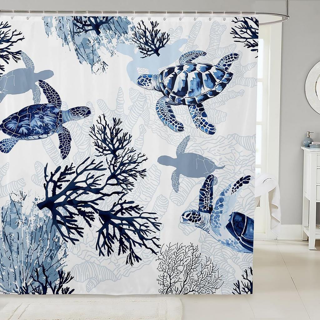 Bathroom Wave Shower Curtain Set With Hooks,Sea Ocean Waves Bath Curtain Hand Drawn Style Japanese Illustration Great Wave