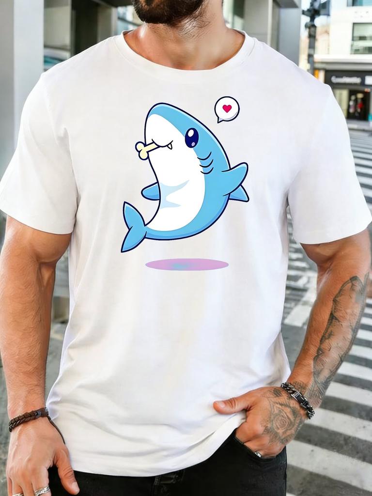 Unisex Crew Neck Tee Lovely Cartoon Shark Heart Eleunisext Print Short Sleeve Top Summer Daily Outdoor Loose Soft Casual Basic Wear