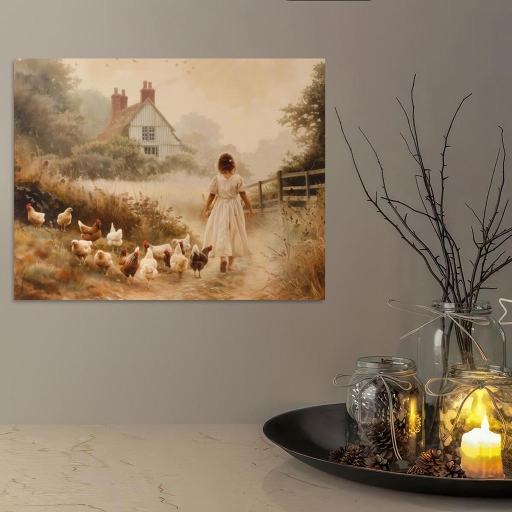 Charming Farmhouse Girl with Chick Canvas Art - Vintage Style Printed On Canvas Home Decor Wall Art Pictures For Living Room