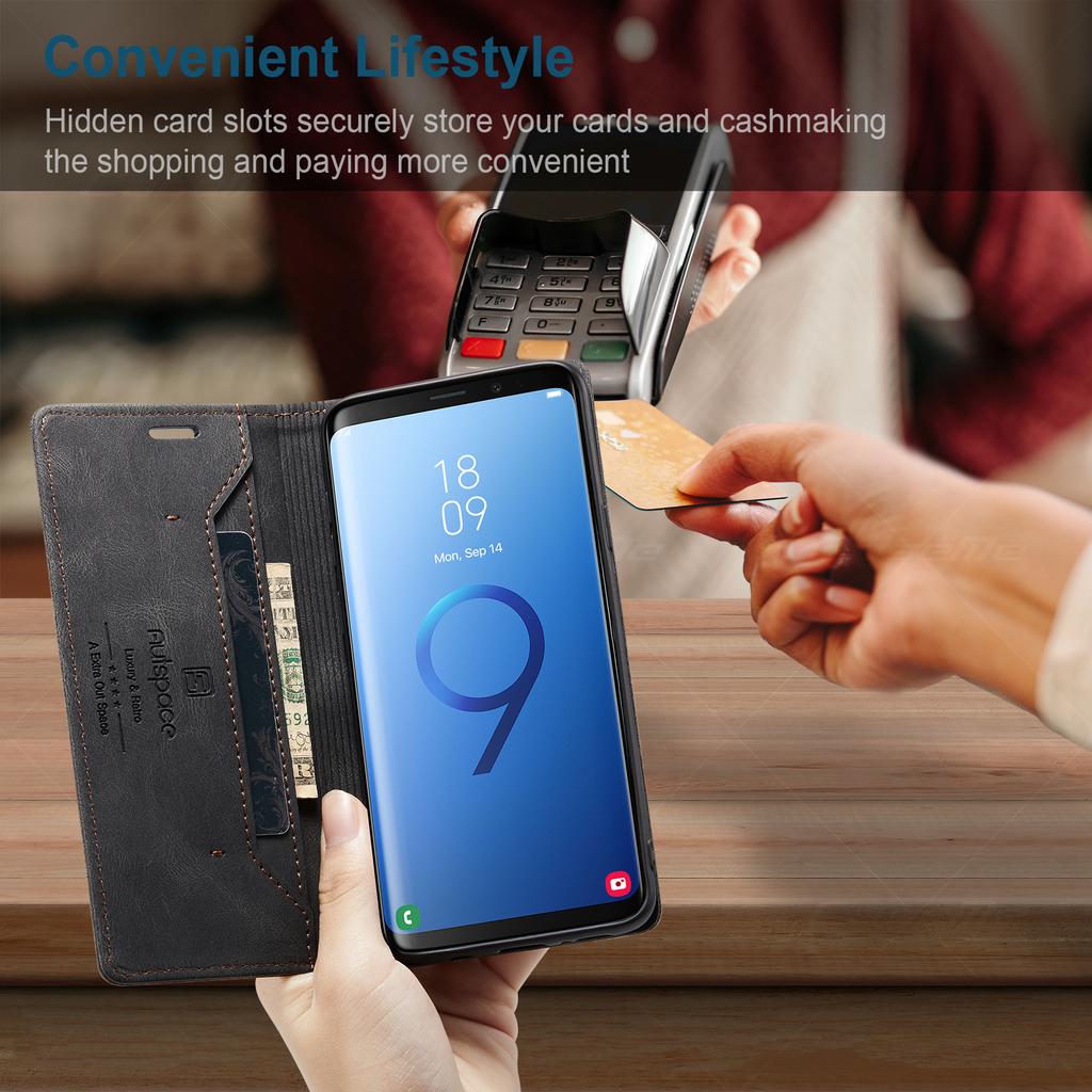כיסוי ארנק עור וינטג' פרימיום לסמסונג גלקסי S9 / S9+ / S9 פלוס - כיסוי נפתח עם חריצים לכרטיסים, סגנון רטרו עמיד בזעזועים (4 צבעים)