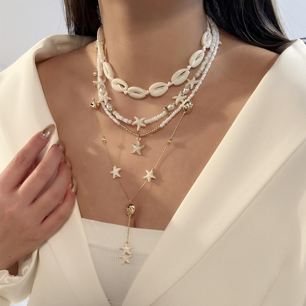 4Pcs/Set Vacation Shell Starfish Seed Bead Long Necklace Summer Beach Ocean Theme Boho Layered Jewelry For Women
