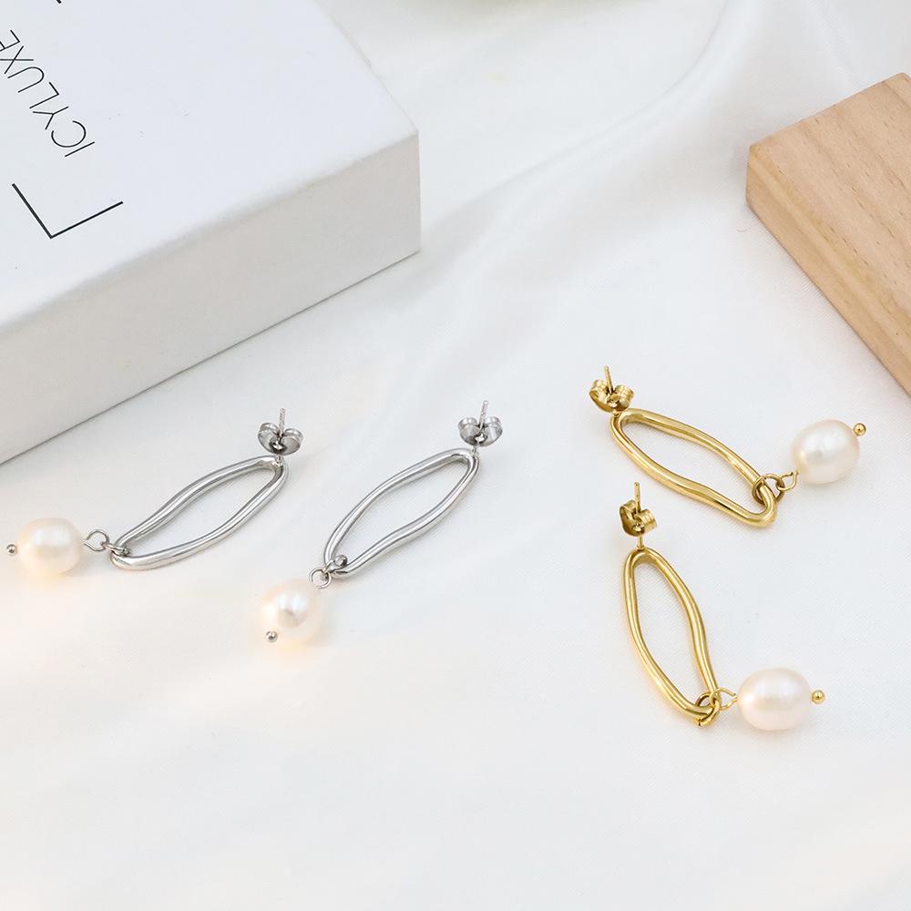 Fashion 18K Baroque Pearl Earrings Simple Geometric Titanium Steel Pearl Stud Earrings Women'S Premium Sense